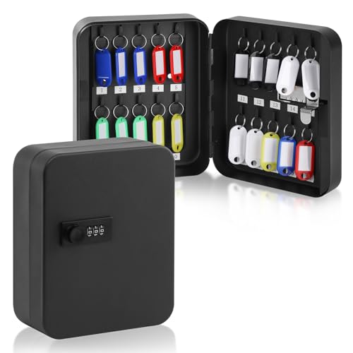 KYODOLED 20 Key Storage Lock Box with Code, Key Cabinet Organizer Wall Mount with Combination Lock, Hooks & Labels for Home, Office & Rental Properties, 7.87 x 6.3 x 3.14 in, Black - color: Black With Combination Lock