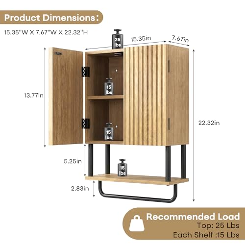 Modern Fluted Bathroom Wall Cabinet,3-Tier Curved Profile Wooden Medicine Cabinet with 2 Doors,Over the Toilet Storage Cabinet Wall Mounted with Adjustable Shelf and Towel Bar(Oak, Small) - color: Oak, size: Small