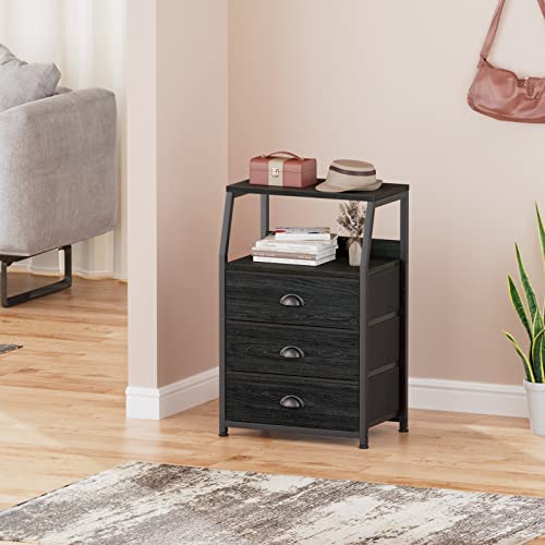 Furnulem Black Night Stand, Small Dresser for Bedroom, Nightstand with 3 Fabric Storage Drawers and 2-Tier Shelf, End Table Side Furniture for Closet, Hallway, Nursery, Sturdy Steel Frame, Wood Top - color: Black Oak, style: 3 Drawers