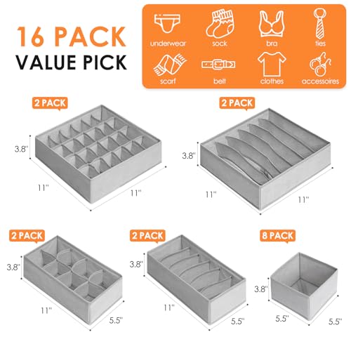 Criusia 16 Pack Sock Underwear Drawer Organizer, 96 Cells Dresser Organizer for Baby Clothes, Foldable Fabric Closet Organization and Storage Dividers Bins for Nursery, Bedroom - color: Grey, size: 16 Pack