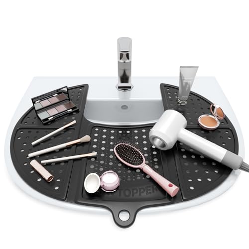 Sink Topper Bathroom Counter Cover & Storage Saver, Foldable Silicone Mat for Hot Tools, Hair Styling & Makeup, Beauty Brush Cleaning Mat, RV Camper Sink Cover & for Small Spaces (Standard Black) - color: Black, size: Standard