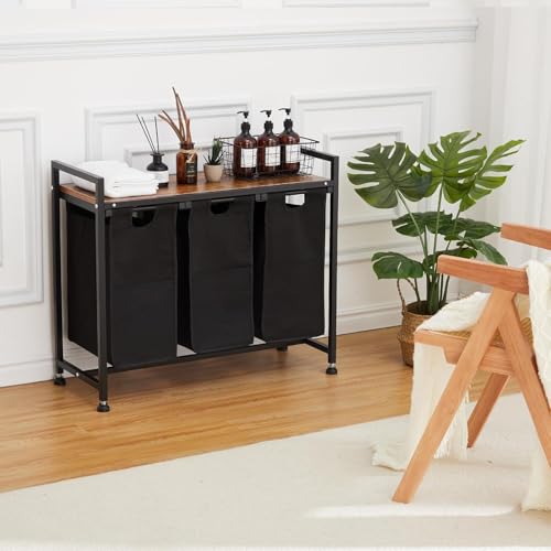 Laundry Hamper - 3 Compartment Laundry Sorter with 28.5 Gallon Capacity, Removable Liners and Multifunctional Design for Laundry Room, Bathroom, and Bedroom.
