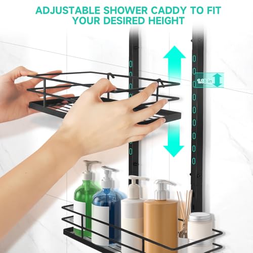 Shower Caddy Hanging, Adjustable Anti-Swing-Over The Shower Head Caddy, 3 Tier Height Bathroom Storage Organizer Bathroom Shelves Basket Rack Shower Caddies (3Tier) - color: black, size: 3tiers