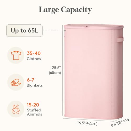 Lifewit Slim Laundry Basket with Lid, Narrow Large Laundry Hamper with Plastic Handles and Removable Bag, Tall Foldable Dirty Clothes Hampers for Laundry Room, Bedroom, Bathroom, Dorm, 65L Pink - color: Pink, size: 65L