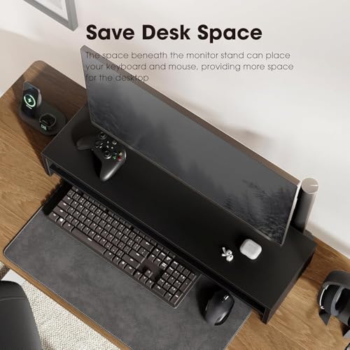 Fenge Monitor Stand, 31.5 Inch Computer Monitor Riser for Desk, 2 Tiers Wood Desk Shelf with Storage, Desktop Organizer for PC, Laptop, Screen, Printer - color: Black