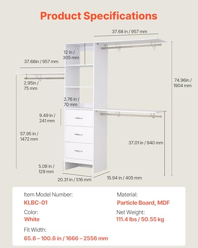 VEVOR Closet System with 3 Drawers, Adjustable Height Wooden Closet Organizers, Modern Walk-in Wardrobe Organization with 3 Retractable Clothes Hanger Rods, Freestanding Garment Rack Storage, White - color: White, style: 3 Clothes Hanger Rods with Support