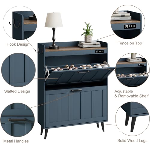 ChooChoo Shoe Storage Cabinet with 2 Flip Drawers, Deodorizing Shoe Organizer Storage for Entryway, Freestanding Hidden Slim Narrow Shoe Rack Cabinet, Blue - color: Blue, size: 2-Drawers