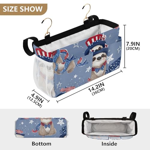 Bedside Caddy Metal Frame Hanging Organizer Bunk Bed Dorm Accessories Hook And Loop Storage Bag Large Pockets American Spirit 4th July Sloths Blue - color: American Spirit 4th July Sloths Blue