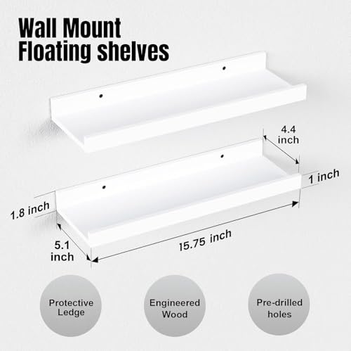 RICHER HOUSE 8 Set Floating Wall Mounted Shelves, Nursery Hanging Book Shelves with Lip for Storage, White Display Picture Ledge Shelf for Bedroom Bathroom Kitchen Living Room Wall Decor, Modern White - color: White, size: 8pcs*15.75in
