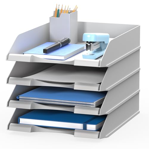 4 Pack Stackable Paper Trays for Letter Documents, Desktop File Organizers for Office Supplies, Stackable Desk Tray Holder for Paper Storage, Gray - color: Gray
