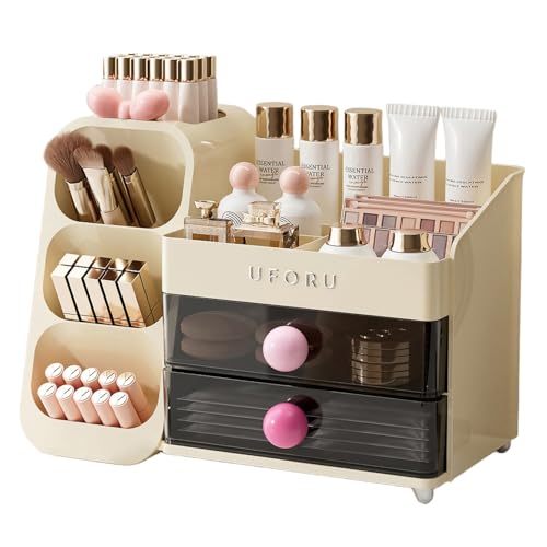 Makeup Organizer for Vanity with Brush Holder, Large Plastic Bathroom Countertop Skincare Organizer with 2 Drawers, Spacious Cosmetic Display Case for Perfumes, Eyeshadow Palettes, Nail Polishes - color: Cream White&Pink, size: Large