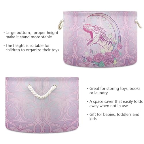Pink Dinosaur Print Round Storage Basket Vintage Dinosaur Rose Large Laundry Hamper 20 x 20 x 14 Inches Organizer Bin with Cotton Rope Handles Clothes Storage Bag for Nursery Bedroom Living Room Decor - color: Pink Purple