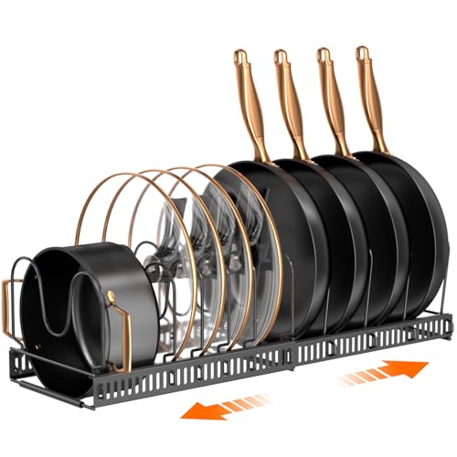 MUDEELA Pots and Pans Organizer Rack for under Cabinet, Expandable 11.81''-22.85'' Pot Lid Kitchen Cabinet Organizer Holder with 10 Adjustable Compartment Cutting Board Organizer for Pan Lid, Bakeware - style: 10 Dividers-Black