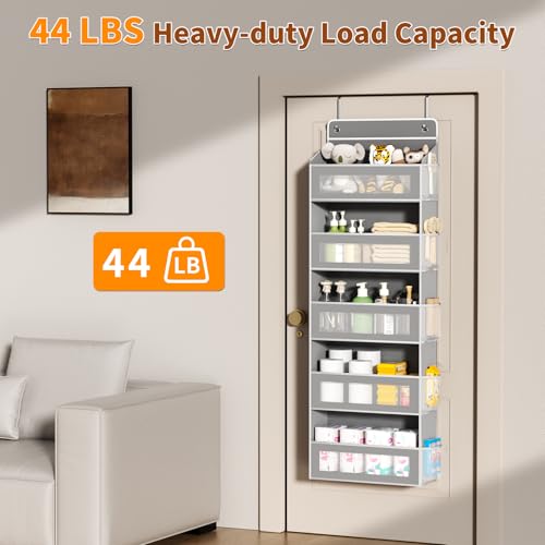 Over The Door Organizer, Over the Door Storage with 5 Large 10 Side Pockets, Hanging Door Organizer 44 lb Load Behind Door Storage, Hanging Shelf for Closet Wall Bedroom Bathroom Nursery, 5-Tier Grey