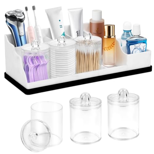 Bathroom Counter Organizer, White Silicone Toothbrush Holders for Bathrooms Organizer Countertop with 3PCS Qtip Holder, Toothbrush and Toothpaste Holder for Bathroom Organization Storage Vanity - color: White Black With 3pcs Clear Dispenser