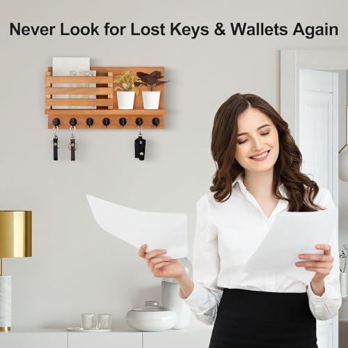 Lwenki Key Holder for Wall – Decorative Wooden Mail Holder and Key Shelf with Mounting Hardware, Installation Guide – Paulownia Wood with Metal Key Hooks (Light Brown, Extra Large - 15.6inch) - color: Light Brown, size: Extra Large - 15.6inch
