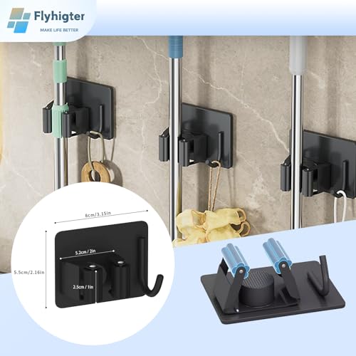 5 Pack Heavy Duty Mop and Broom Holder Wall Mount, No Drill Self Adhesive Stainless Steel Hanger with Hooks, Anti-Slip Tool Organizer for Bathroom, Kitchen, Garage, Laundry Room (5, Black) - color: Black-5