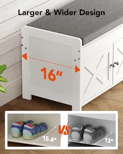 Pipishell 2-Tier Shoe Storage Bench, Entryway Bench with 3 Barn Doors, Cushion Seat, Hidden Storage, Adjustable Shelf, 200 lbs Capacity, for Entryway, Living Room, Bedroom, White (39.4″Wx15″Dx18.1″H) - color: White