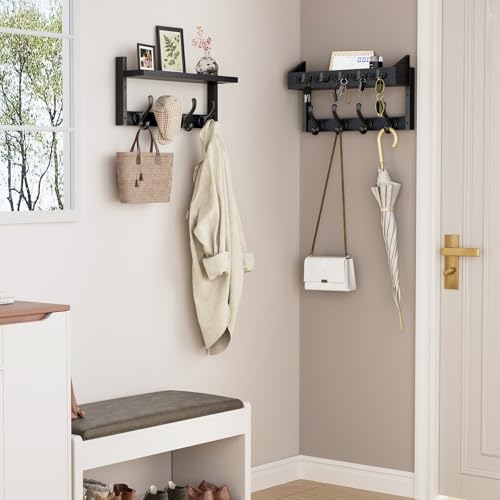 Evermagin 35" Coat Rack Wall Mount with Shelf, 4 in 1 Coat and Key Hanger with 13 Metal Hooks, Entryway Wall Mounted Shelf with Mail Holder for Living Room, Bedroom, Black - color: Black, size: 35 Inch