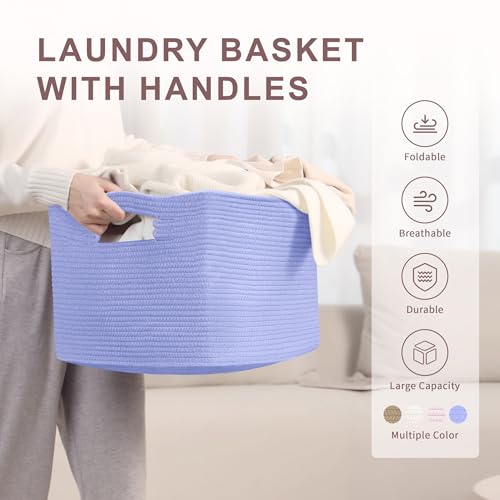45L Small Baby Girls Laundry Basket for Nursery Storage,Cute Woven cotton Rope Baskets for Kids Toy，Gifts, Boho Square Wicker Blanket hamper for Living Room,Bedroom Dirty Clothes,Blue Purple - color: Blue Purple, size: 45L