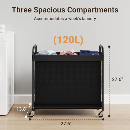 ELYKEN Laundry Hamper 3 Section, 120L Rolling Laundry Sorter with Removable Liner Bag, Laundry Basket with Wheels, Steel Frame with Metal Handle, Clothes Hamper Cart for Laundry Room & Bedroom - color: Black, size: 3-Section