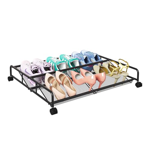Under Bed Shoe Storage Organizer, Metal Mesh Under Bed Storage Containers with Wheels, Shoe Organizer Drawer Space Saving for Bedroom, 1 Pack - size: 1 Pack