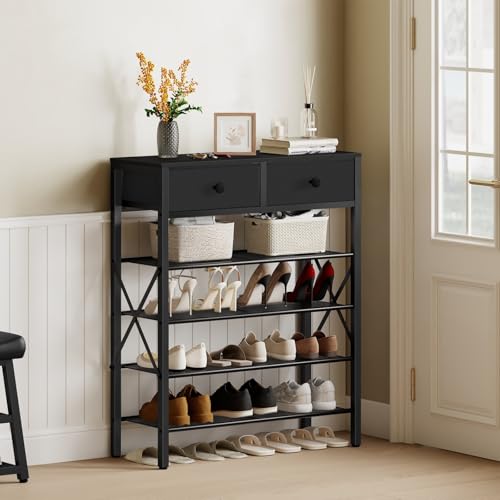 YATINEY 5 Tier Shoe Rack, Large Capacity Shoe Storage Organizer, Metal Shoe Shelf with Drawer and Wooden Top, for 20 Pairs of Shoes, for Entryway, Closet, Black SS25BB - color: Black, size: 27.7" x 10.8" x 37.7"