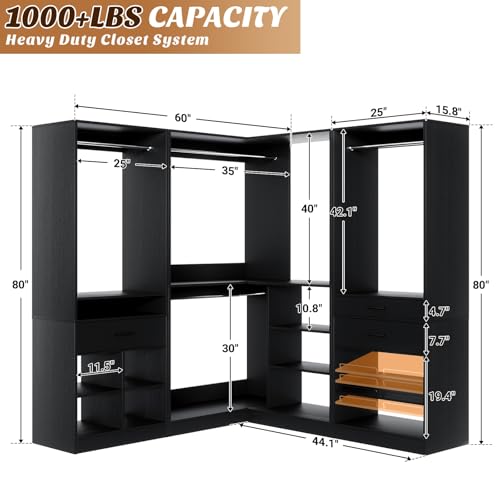 Unikito 86" Corner Closet System, Modular Closets Organizer with 4 Hanging Rods and Storage Shelves, Freestanding Adjustable Wood Clothes Garment Rack with Drawers, Sturdy Walk in Closet Tower, Black - color: Black, size: 86 Inch