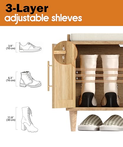 Akxomel Rattan Shoe Storage Bench with Cushion, 2-Tier Entryway Bench with Adjustable Shelves and 2 Doors, 15" D x 39.4" W x 20" H, Solid Wood Legs, for Hallway, Living Room, Bedroom, Natural Oak - size: 15"D x 39.4"W x 20"H