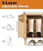 Akxomel Rattan Shoe Storage Bench with Cushion, 2-Tier Entryway Bench with Adjustable Shelves and 4 Doors, 15" D x 47.2" W x 20" H, Solid Wood Legs, for Hallway, Living Room, Bedroom, Natural Oak - size: 15"D x 47.2"W x 20"H
