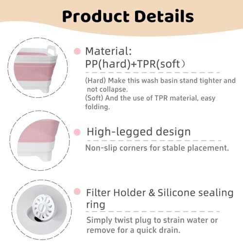 GIMWA Collapsible Wash Basin for Baby Bottles - 2.4 Gallons Portable Wash Bin for RV Camping Sink, Space-Saving Dish Tub (Pink) - color: Pink