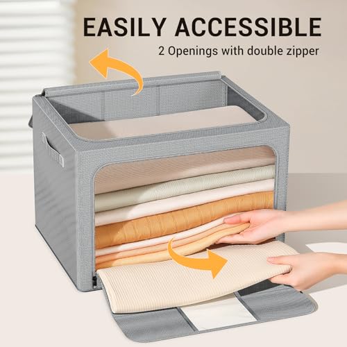 Clothes Storage Bins with Metal Frame, Foldable Clothes Organizers Storage Containers for Clothes, Sheets, Blankets, Pillows and Towels (24L, 3 Pack, Deep Grey) - color: dark gray, size: 24L（15.7“X11.81"X7.87")