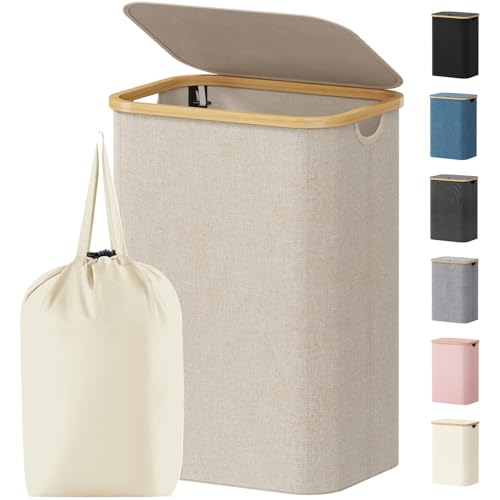 Lifewit 80L Laundry Basket with Lid, Clothes Hampers for Laundry with Bamboo Handles and 1 Removable Bag, Large Foldable Laundry Hamper for Bedroom, Bathroom, Dorm, Laundry Room, Beige - color: Beige, size: 80L