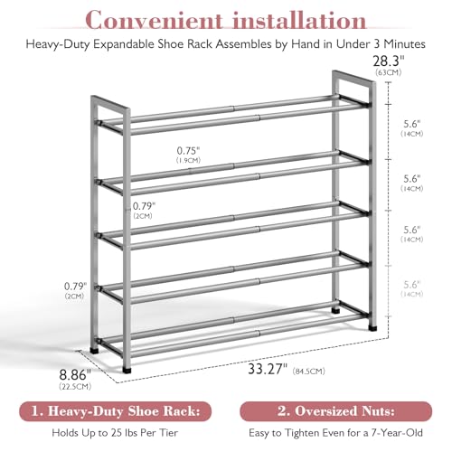 Bumusty 5-Tier Expandable Shoe Rack for Closet, 18“-33” Adjustable Shoe Rack for Small Space, Small Shoe Organizer for Front Door, Sturdy Metal, Light Grey - color: Light Grey, size: 5-Tier