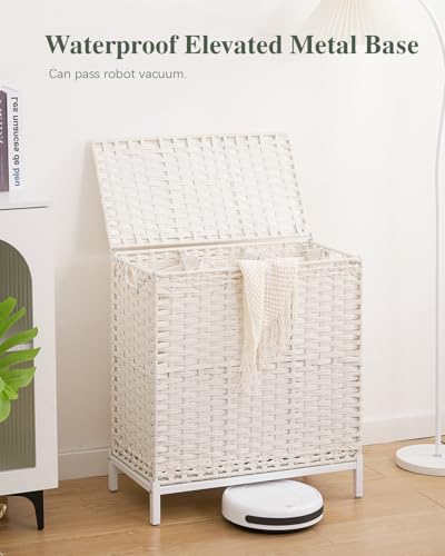 SETVSON Laundry Hamper with Lid 132 L, (35 Gallons) Clothes Hamper with Lid, Handwoven Rattan Laundry Hamper with Metal Heightened Feet, Laundry Hampers with 3 Removable Liner Bags for Laundry-White - color: Cloud White, size: 132 L - 35 gal