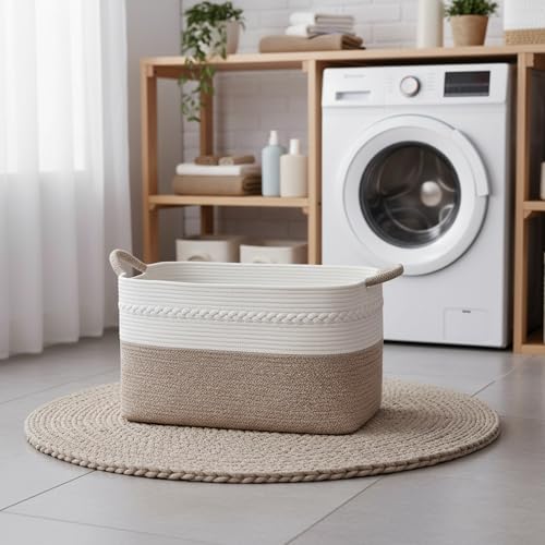 Large laundry basket woven from natural cotton rope with handles storage blankets for living rome big decorative quilted baskets for clothes toys pillows hamper 22"x14.6"x12" white/brown - color: white/Brown, size: 62L 22"x14.6"x12"