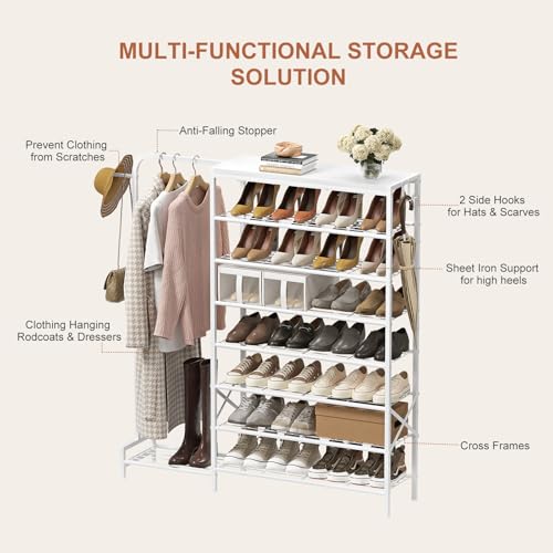 Shoe Rack with Coat Rack, 8 Tier Tall Shoe Storage Organizer with Hooks, 3-in-1, Wooden Top Shelf, Sturdy Frame, Metal Clothes Hanger Stand for Entryway, Closet, White - color: White