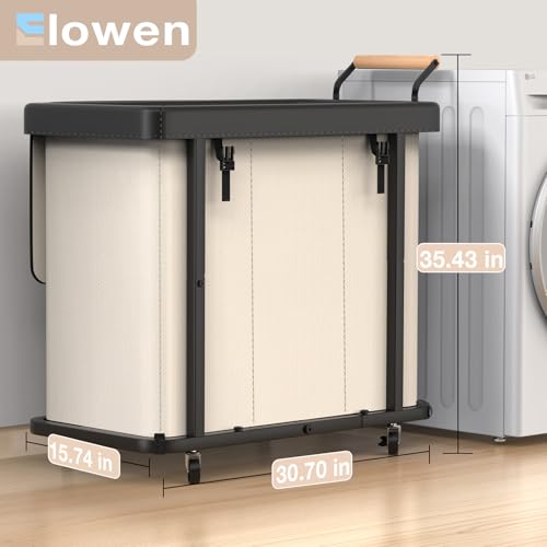 60 Gal (230L) Laundry Hamper 3 Section with Lid, Leather Patchwork Laundry Sorter with Rolling Lockable Wheels and Handle, Laundry Basket Organizer for Laundry Room, Bedroom and Bathroom - Beige - color: Beige-3 Section, size: 3 Section