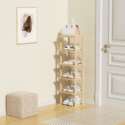 SHIISEWE Bamboo Shoe Rack - Vertical Skinny Shoe Shelf Space Saving Storage, Front Door Entrance Closet Corner Garage - color: Bamboo Yellow
