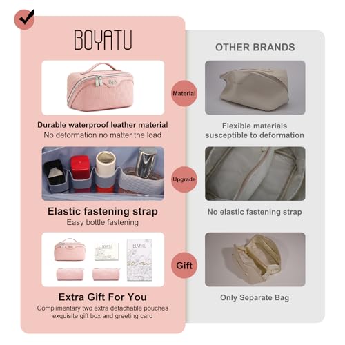BOYATU Travel Makeup Bag for Women: Cosmetic Organizer Bag with Compartments - Leather Make up Bags Set of 3 (G-3-Pink) - color: G-3-Pink