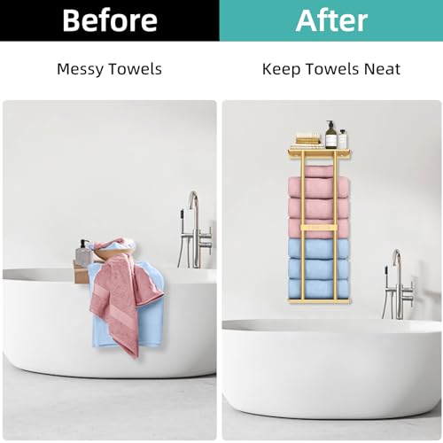 STWWO Bathroom Towel Storage Rack for Bathroom, 30 inch Towel Racks Wall Mounted with Shelf Can Holds 6 Large Towels, Wall Towel Rack for Rolled Towels, Gold - color: Gold, size: 30 IN