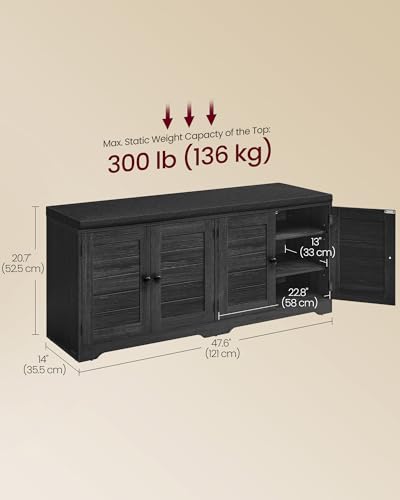 VASAGLE Shoe Storage Bench with Cushion, 3-Tier Entryway Bench with Padded Seat, Doors, Adjustable Shelves, 14 x 47.6 x 20.7 Inches, for Hallway, Bedroom, Charcoal Gray and Ink Black ULSB048BA01 - color: Charcoal Gray + Ink Black, size: 14"D x 47.6"W x 20