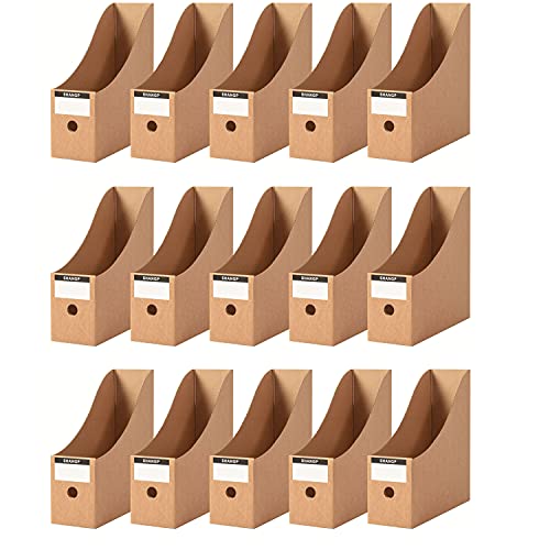 Foldable Desk File Holder Organizer Sturdy Cardboard Magazine Storage Box Document Rack with Blank Label Stickers for Home School Office (15, Brown) - color: Brown