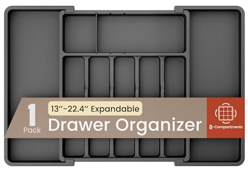 Black Expandable Utensil Drawer Organizer 1 Pack, Adjustable 13” to 22.4”, 8 Compartment Silverware Organizer for Kitchen Utensils, Spatulas, Cutlery, and Tools, Easy to Clean, Durable, and BPA-Free - color: Black, size: 8 Comp'ts (Pack of 1)