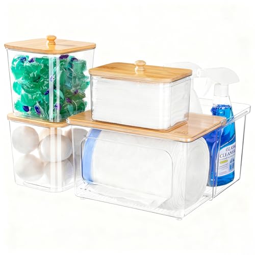 iCASA Trash Bag Dispenser Dishwasher Pod Holder - 5 in 1 Plastic Garbage Bag Under Sink Organizer, Acrylic Dryer Sheet Balls Laundry Pods Container with Bamboo Lid, Pantry Organizers and Storage Box - size: 5 in 1