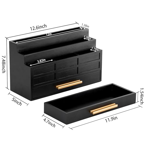 dreampossible Black Wood Desk Organizer and Accessories with Drawer, Bill Mail Organizer and File Mail Holder for Office Supplies, Rustic Desk Accessories & Workspace Organizers for Desk Organization - color: Black B