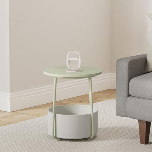 VASAGLE LILEA Collection - Small Round Side End Table, Modern Nightstand with Fabric Basket, Laurel Green and Cream White ULET223C69 - color: Laurel Green + Cream White, size: Round + 1 pack
