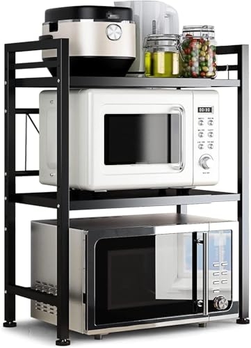 DOLALIKE Microwave Oven Rack, Expandable Microwave Stand Countertop Kitchen Utensils Tableware Storage, Carbon Steel Over Microwave Shelf Countertop with 3 Hooks - color: Black, size: 3 Tier (Without Spice Rack)