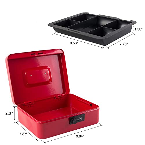 KYODOLED Large Cash Box with Combination Lock Safe Metal Money Box with Money Tray for Security Lock Box 9.84"x 7.87"x 3.54" Red Large - color: Red, size: Large