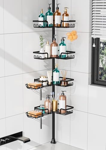 KEGII 2-in-1 Soap Holders x 2 & 32 Hooks Shower Caddy Tension Pole, Stainless Steel Adjustable Corner Shower Organizer for Bathroom, 25–114.2 Inches, Black - color: Black